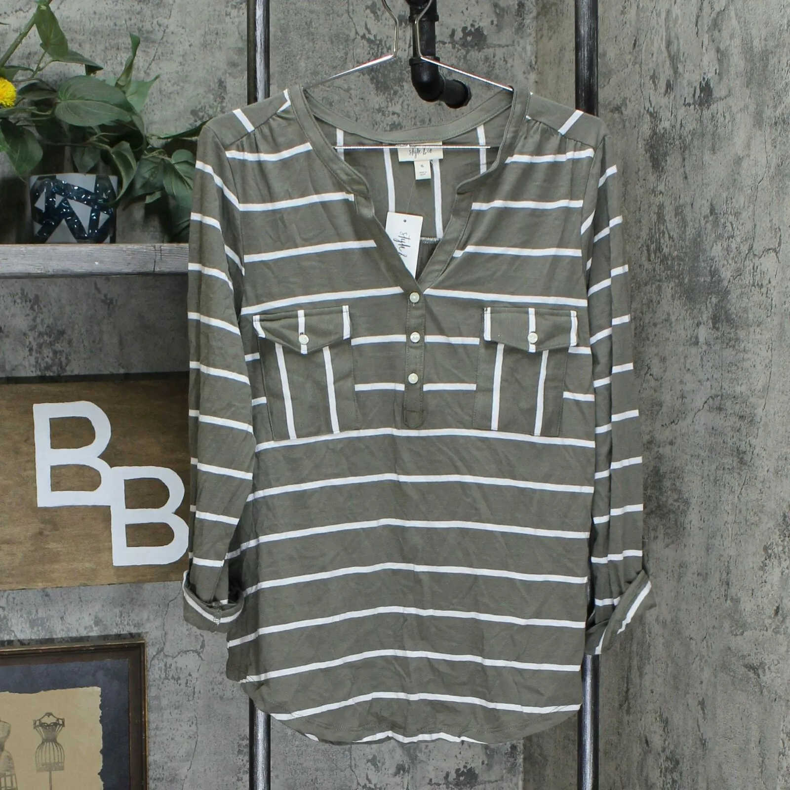 Style & Co. Cotton Roll Tab Split Neck Henley Knit Top