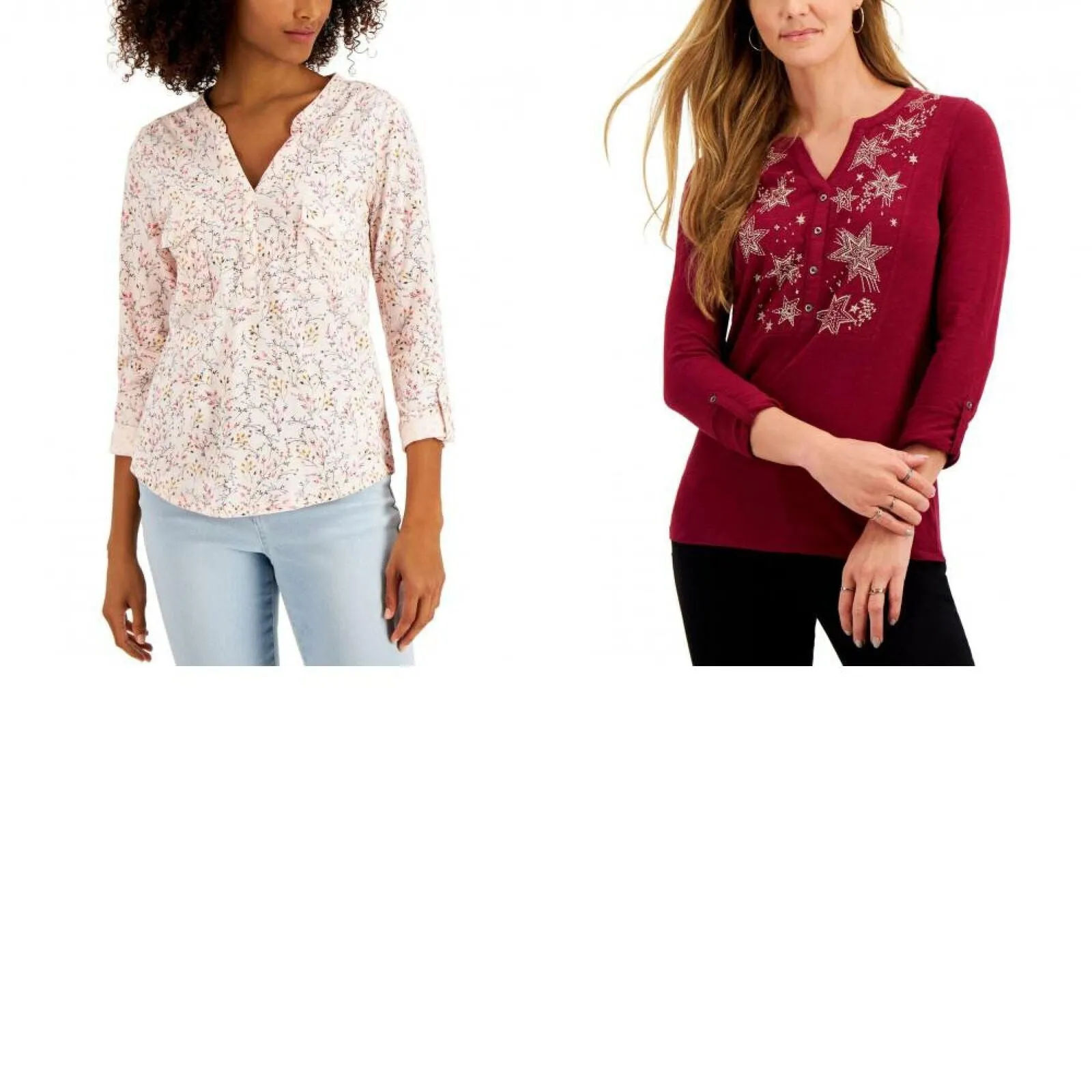 Style & Co. Cotton Roll Tab Split Neck Henley Knit Top