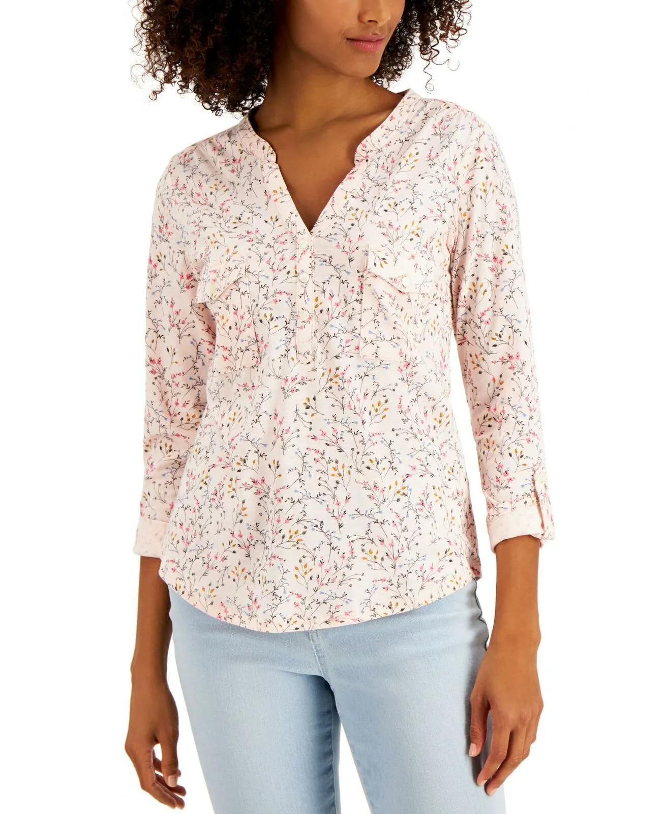 Style & Co. Cotton Roll Tab Split Neck Henley Knit Top