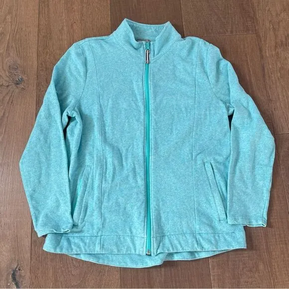 T by Talbots Cozy Crush Terry Mockneck Full Zip Women's Jacket Solid Blue(SizeL)