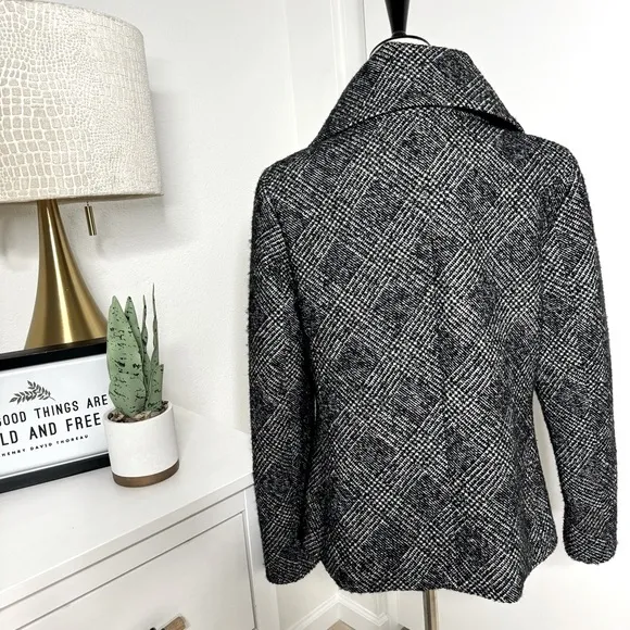 Talbots Pea Coat Black Gray Metallic Silver Tree Button Tweed Plaid Line Size 10