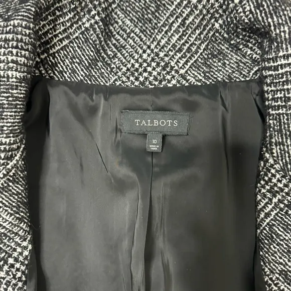 Talbots Pea Coat Black Gray Metallic Silver Tree Button Tweed Plaid Line Size 10