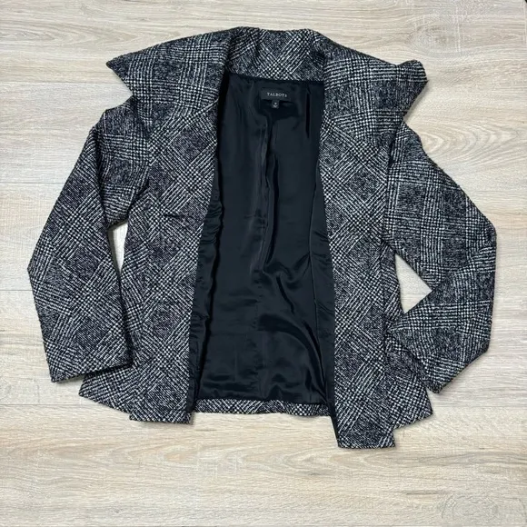 Talbots Pea Coat Black Gray Metallic Silver Tree Button Tweed Plaid Line Size 10