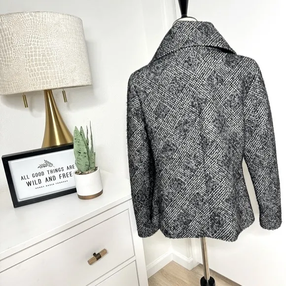 Talbots Pea Coat Black Gray Metallic Silver Tree Button Tweed Plaid Line Size 10