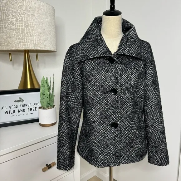 Talbots Pea Coat Black Gray Metallic Silver Tree Button Tweed Plaid Line Size 10