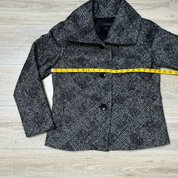 Talbots Pea Coat Black Gray Metallic Silver Tree Button Tweed Plaid Line Size 10