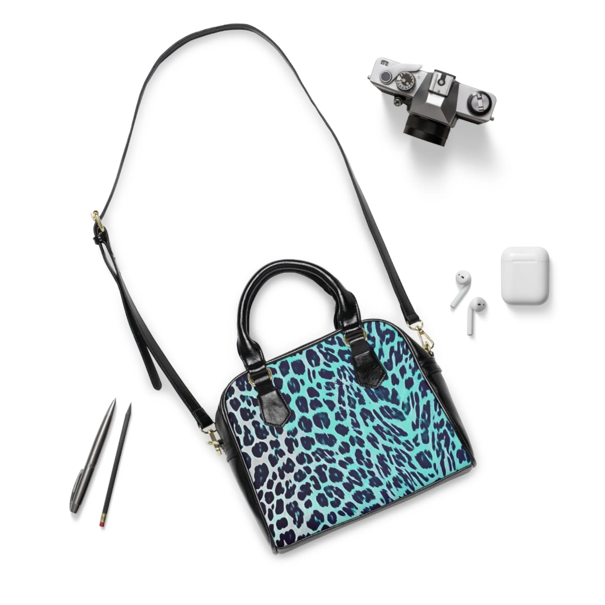 Teal & White Color Gradient Leopard Print Shoulder Handbag