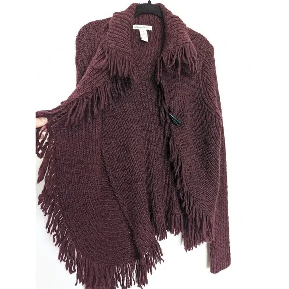 TELLURIDE CLOTHING CO Wool Cardigan Womens Size XL Burgandy Knit Fringe Sweater