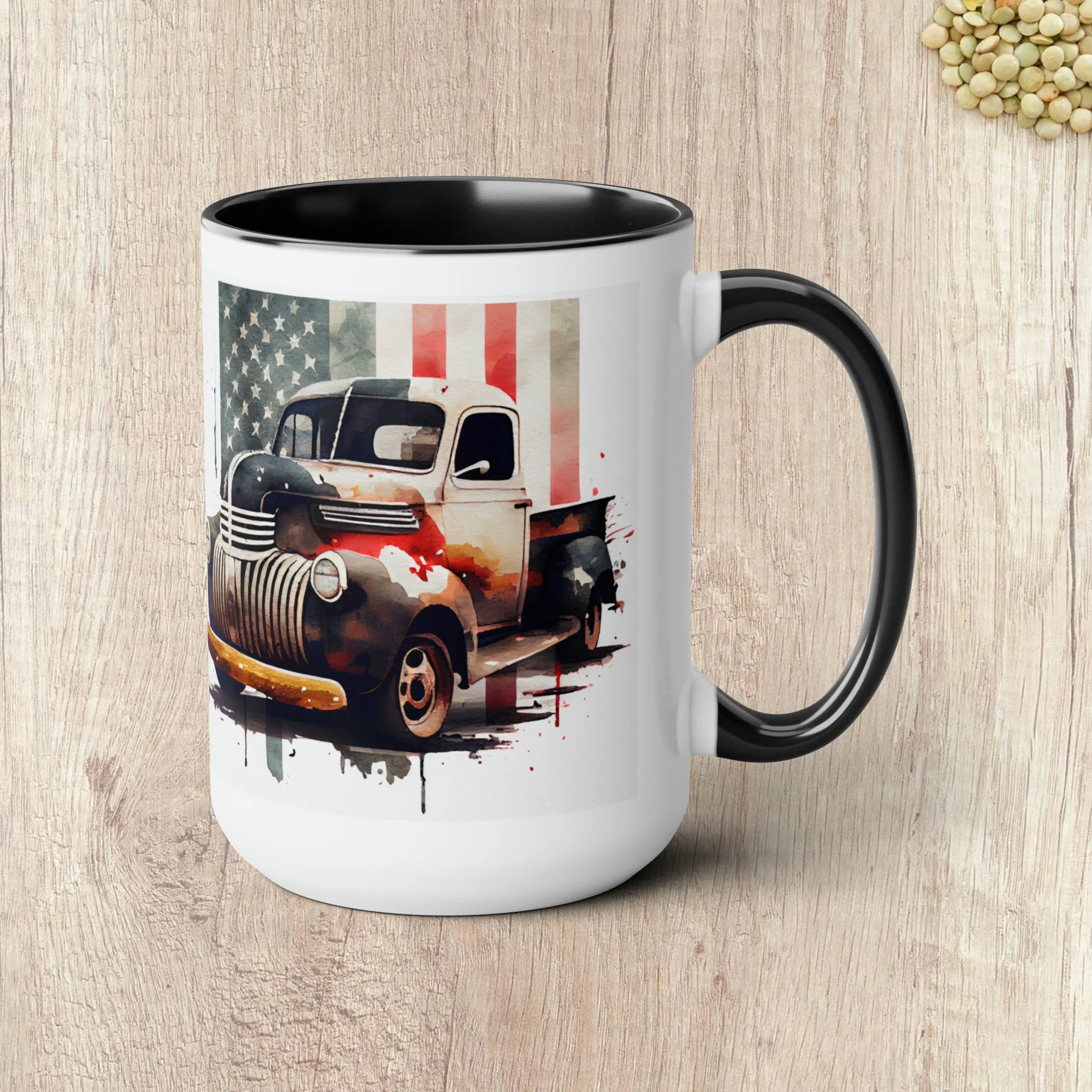 THE CLASSIC TRUCK AND FLAG - Two-Tone Coffee Mug - 15oz - 5 Color Options