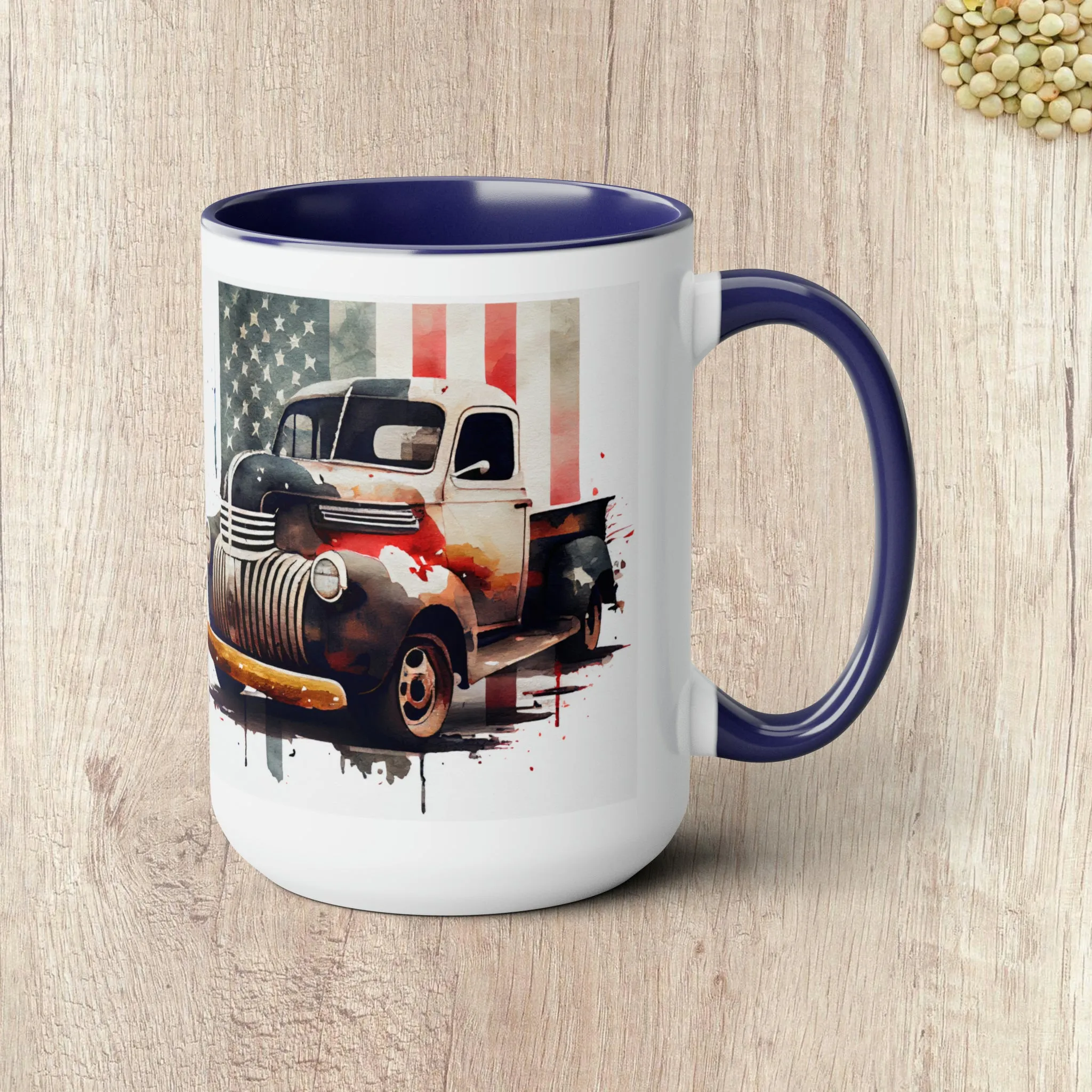 THE CLASSIC TRUCK AND FLAG - Two-Tone Coffee Mug - 15oz - 5 Color Options
