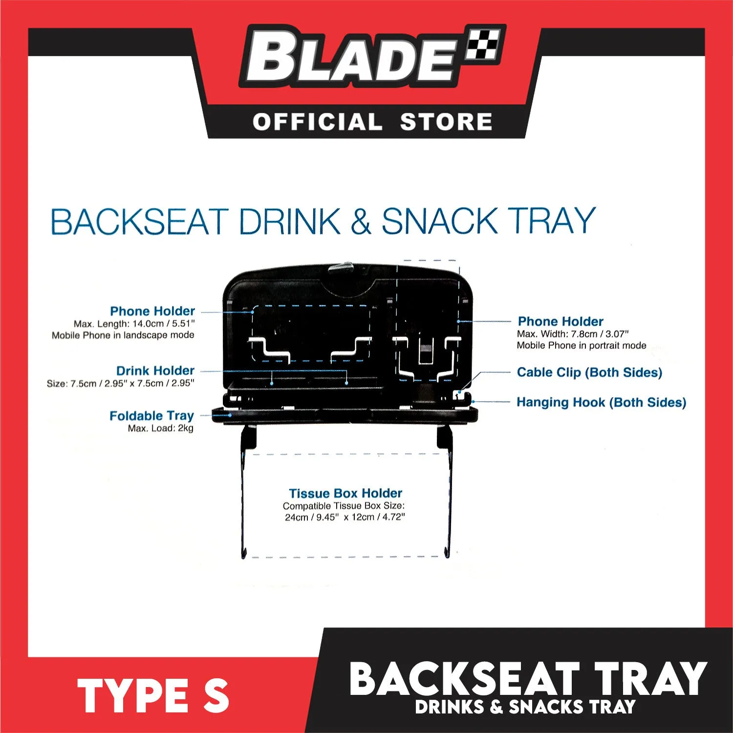 Type S Backseat Drink, Mobile Phone and Snack Tray