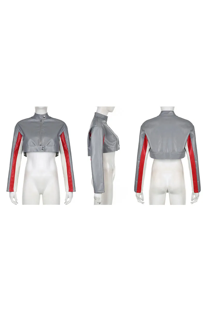 UG738 Faux Leather Crop Jacket Top and Skirt Set