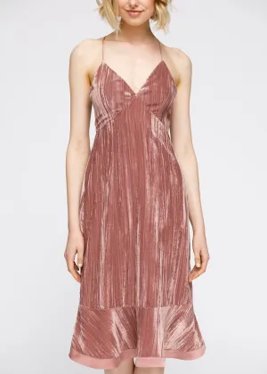 Velvet Spaghetti Strap Ruffle Hem Midi Dress In Rogue by Shop at Konus