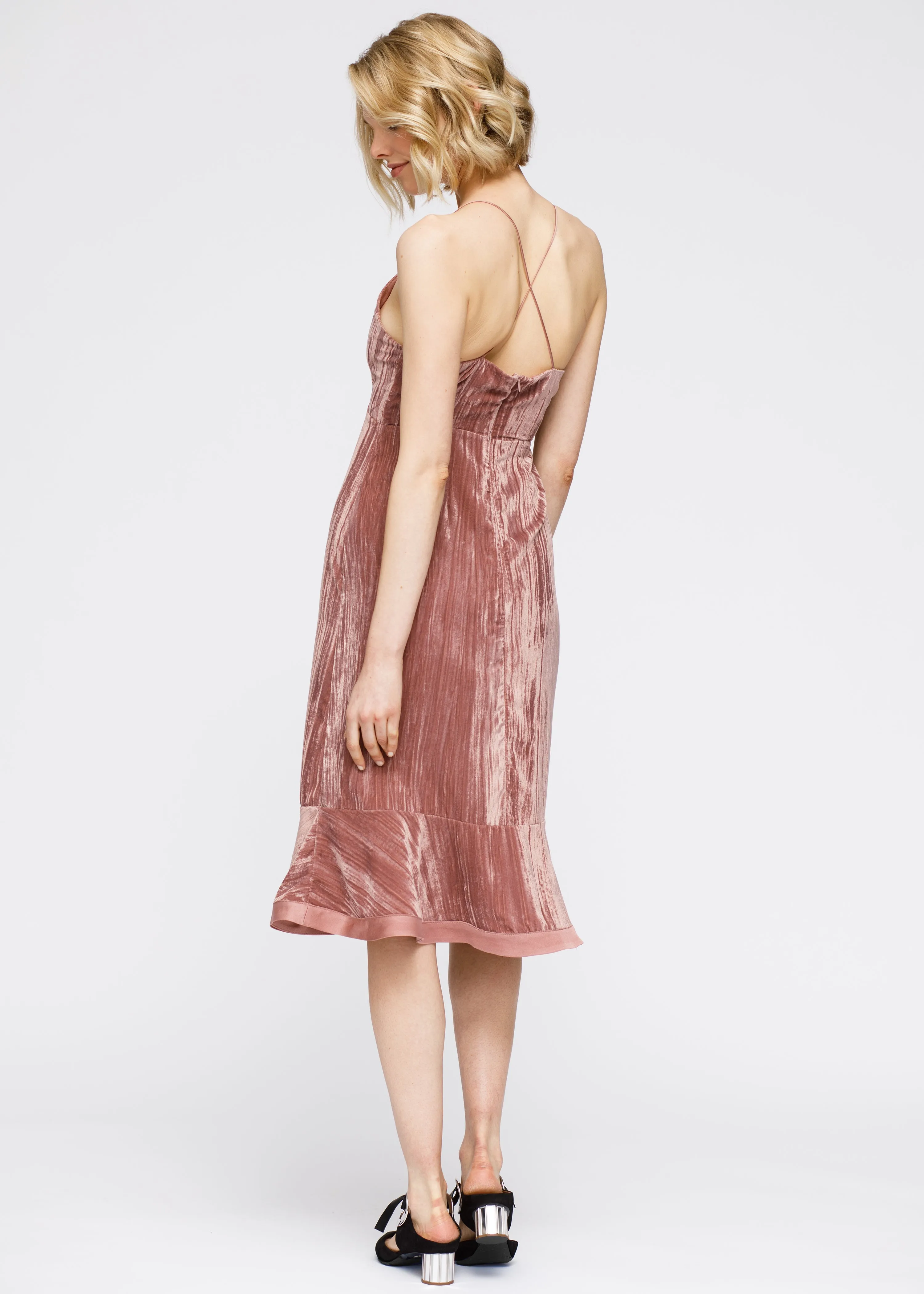 Velvet Spaghetti Strap Ruffle Hem Midi Dress In Rogue by Shop at Konus