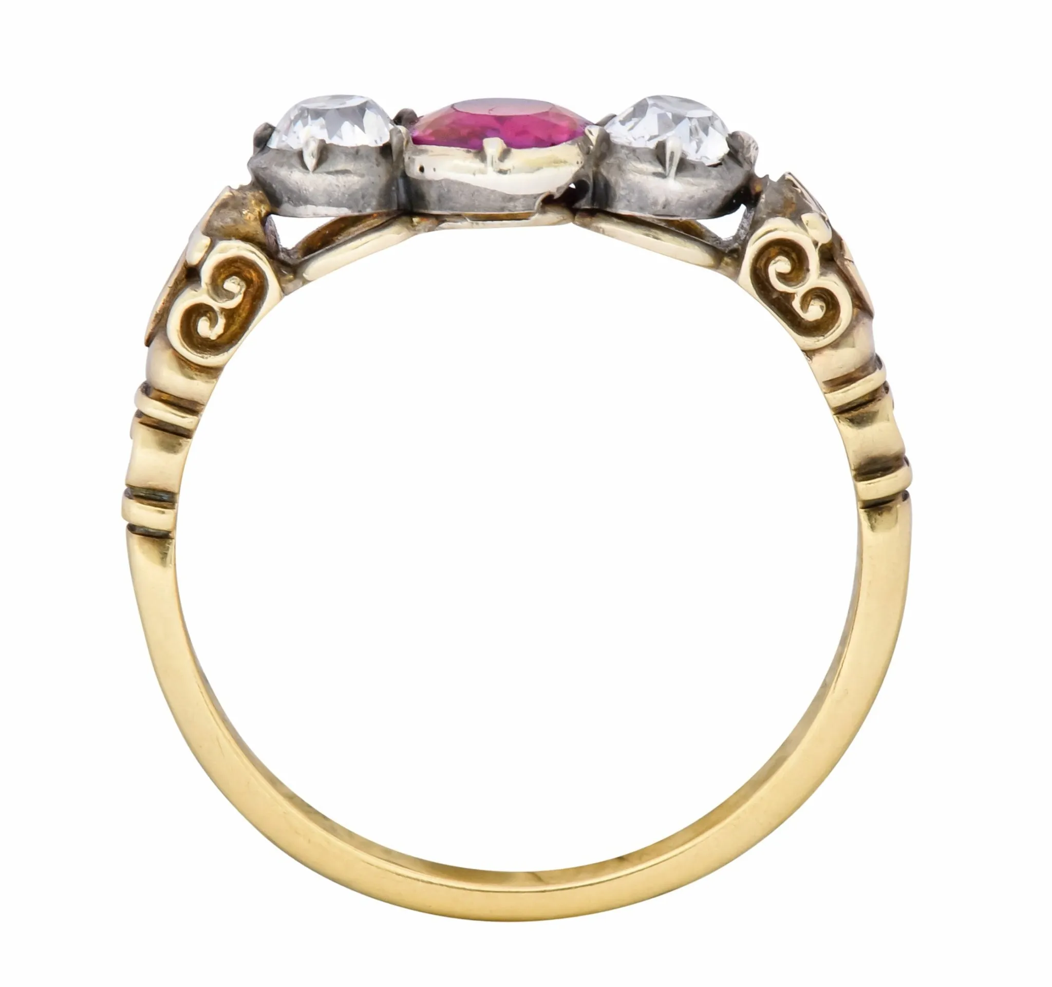 Victorian 0.70 Carats Diamond Ruby Silver-Topped 14 Karat Gold Three Stone Ring