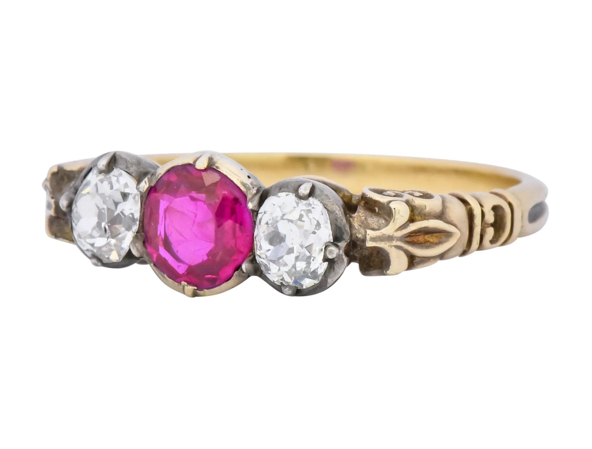 Victorian 0.70 Carats Diamond Ruby Silver-Topped 14 Karat Gold Three Stone Ring