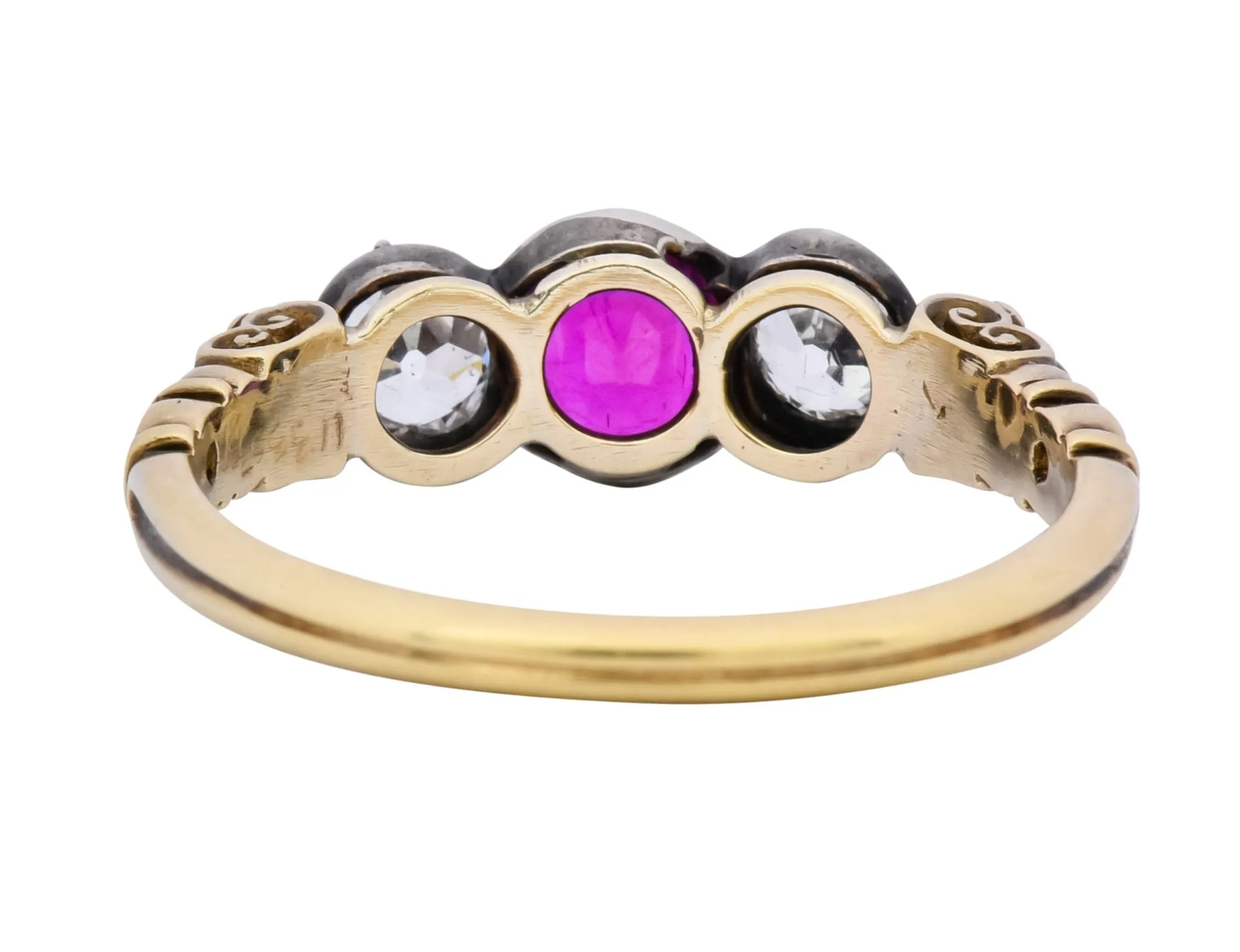 Victorian 0.70 Carats Diamond Ruby Silver-Topped 14 Karat Gold Three Stone Ring