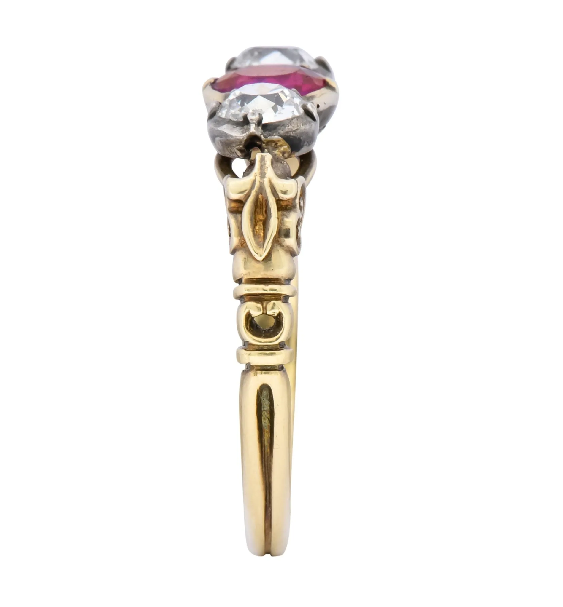 Victorian 0.70 Carats Diamond Ruby Silver-Topped 14 Karat Gold Three Stone Ring
