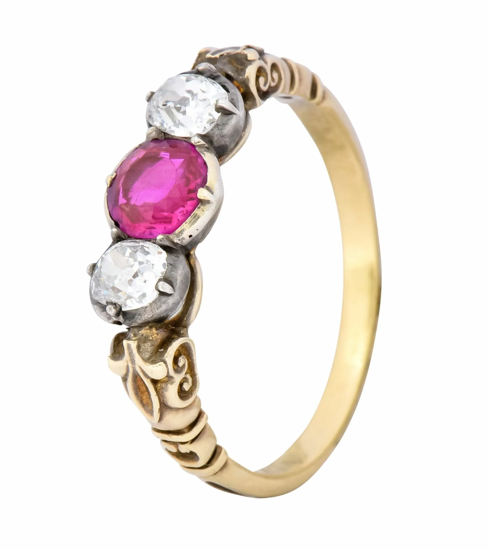 Victorian 0.70 Carats Diamond Ruby Silver-Topped 14 Karat Gold Three Stone Ring
