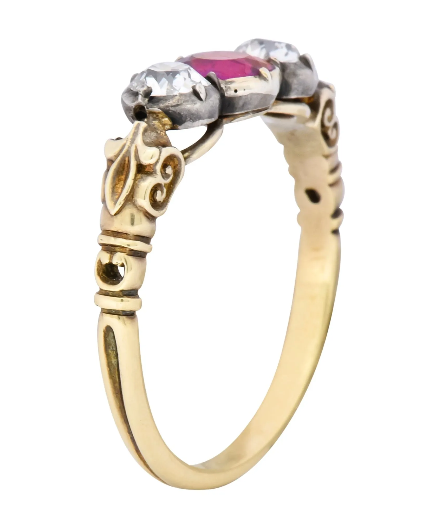 Victorian 0.70 Carats Diamond Ruby Silver-Topped 14 Karat Gold Three Stone Ring