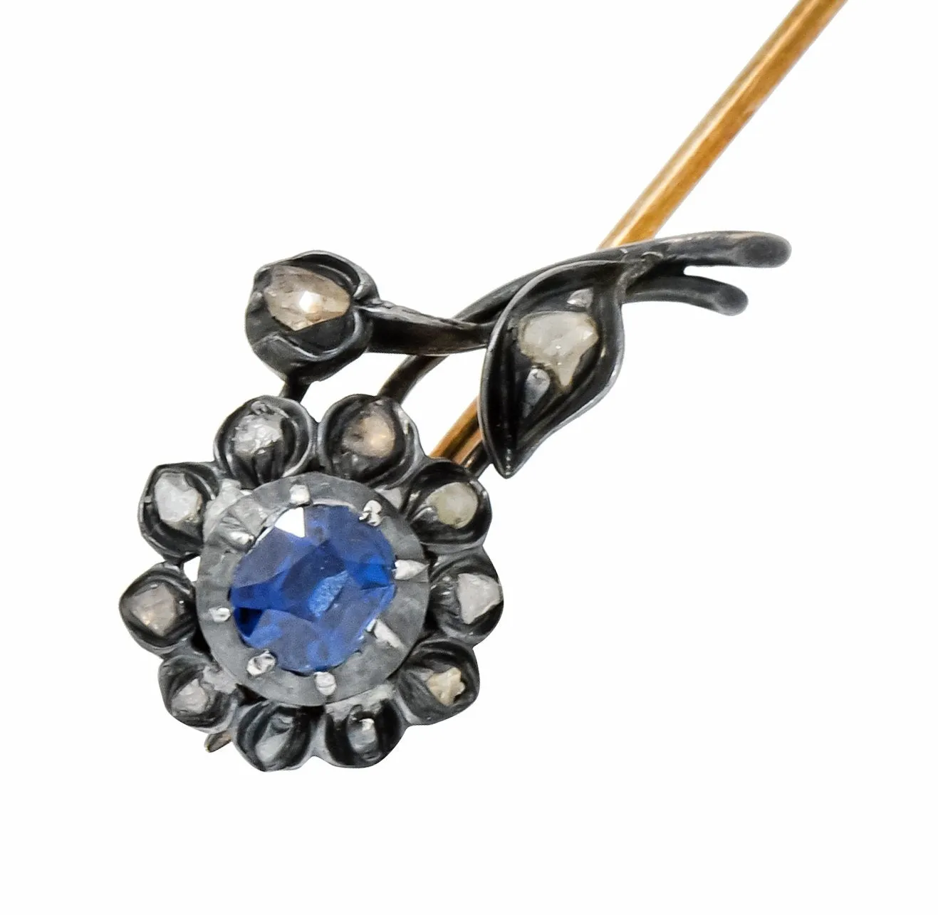 Victorian Sapphire Diamond Silver-Topped 14 Karat Gold Flower Stickpin
