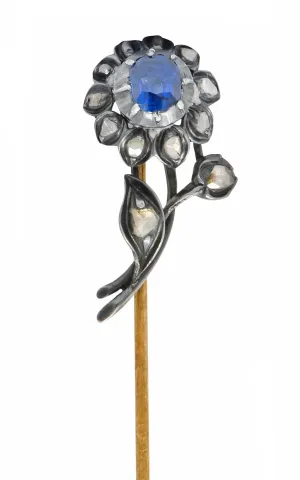Victorian Sapphire Diamond Silver-Topped 14 Karat Gold Flower Stickpin