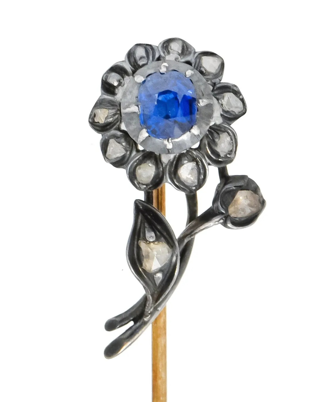 Victorian Sapphire Diamond Silver-Topped 14 Karat Gold Flower Stickpin