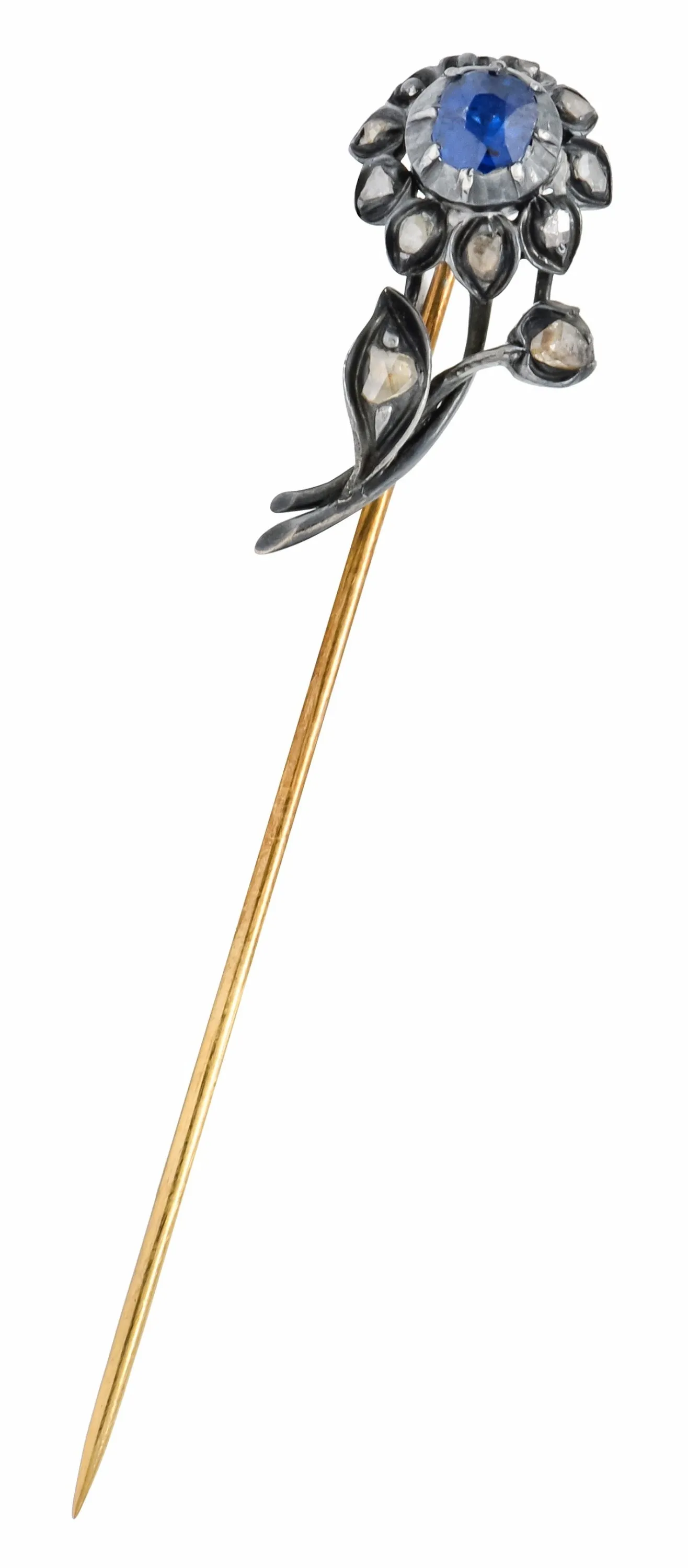 Victorian Sapphire Diamond Silver-Topped 14 Karat Gold Flower Stickpin