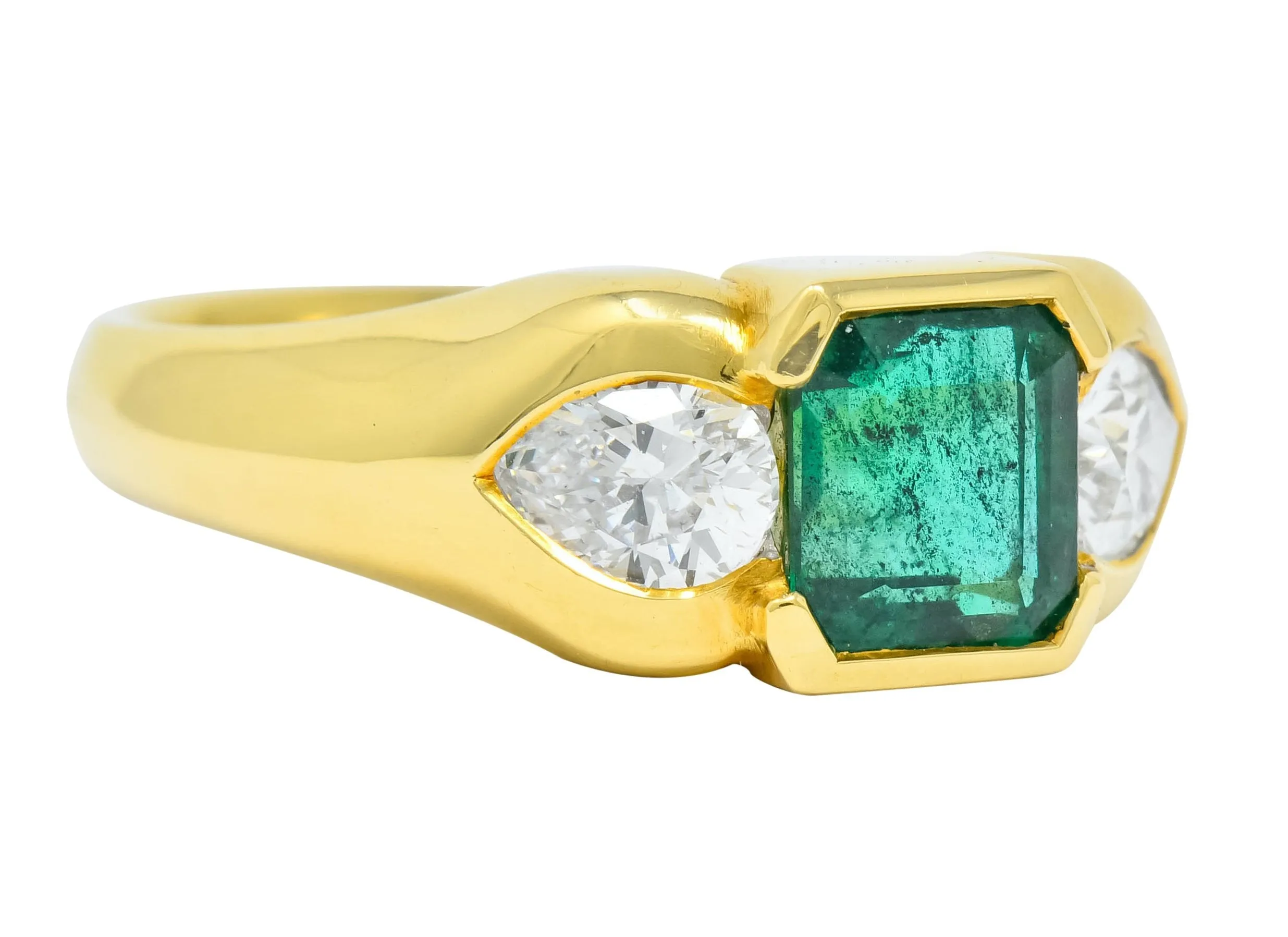 Vintage 1.90 CTW Emerald Diamond 18 Karat Gold Three Stone Ring