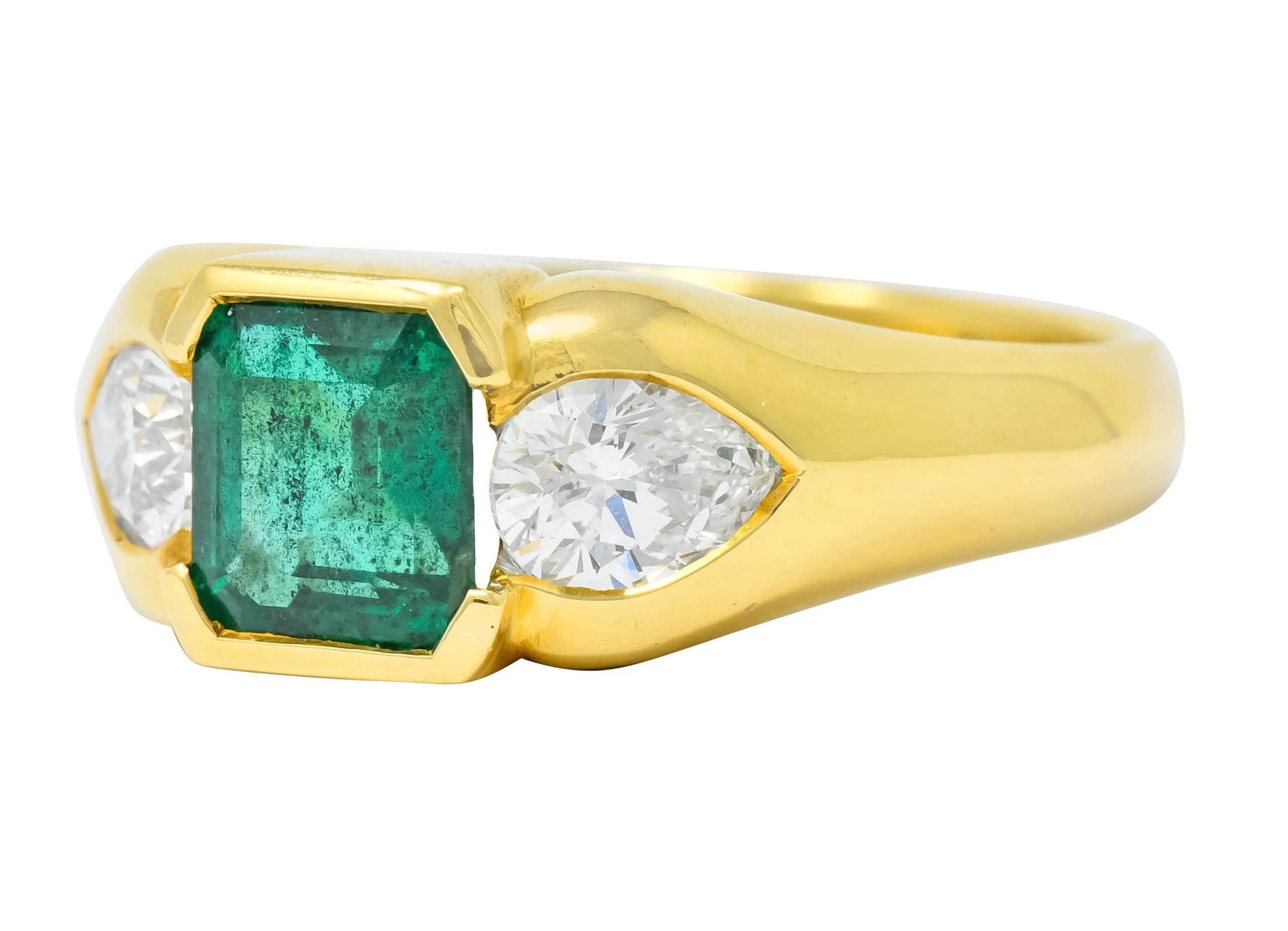 Vintage 1.90 CTW Emerald Diamond 18 Karat Gold Three Stone Ring