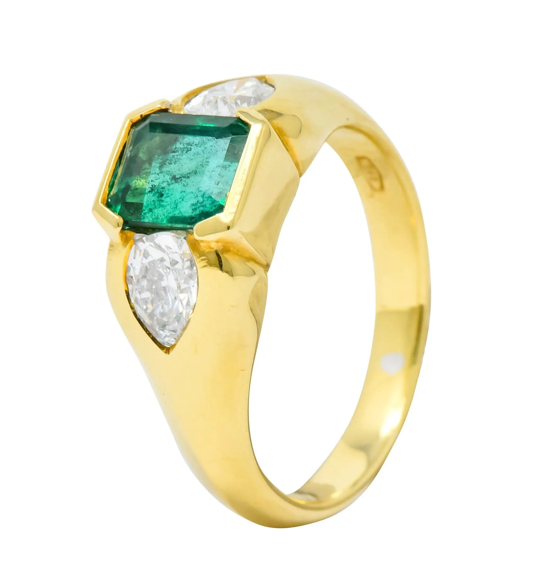 Vintage 1.90 CTW Emerald Diamond 18 Karat Gold Three Stone Ring