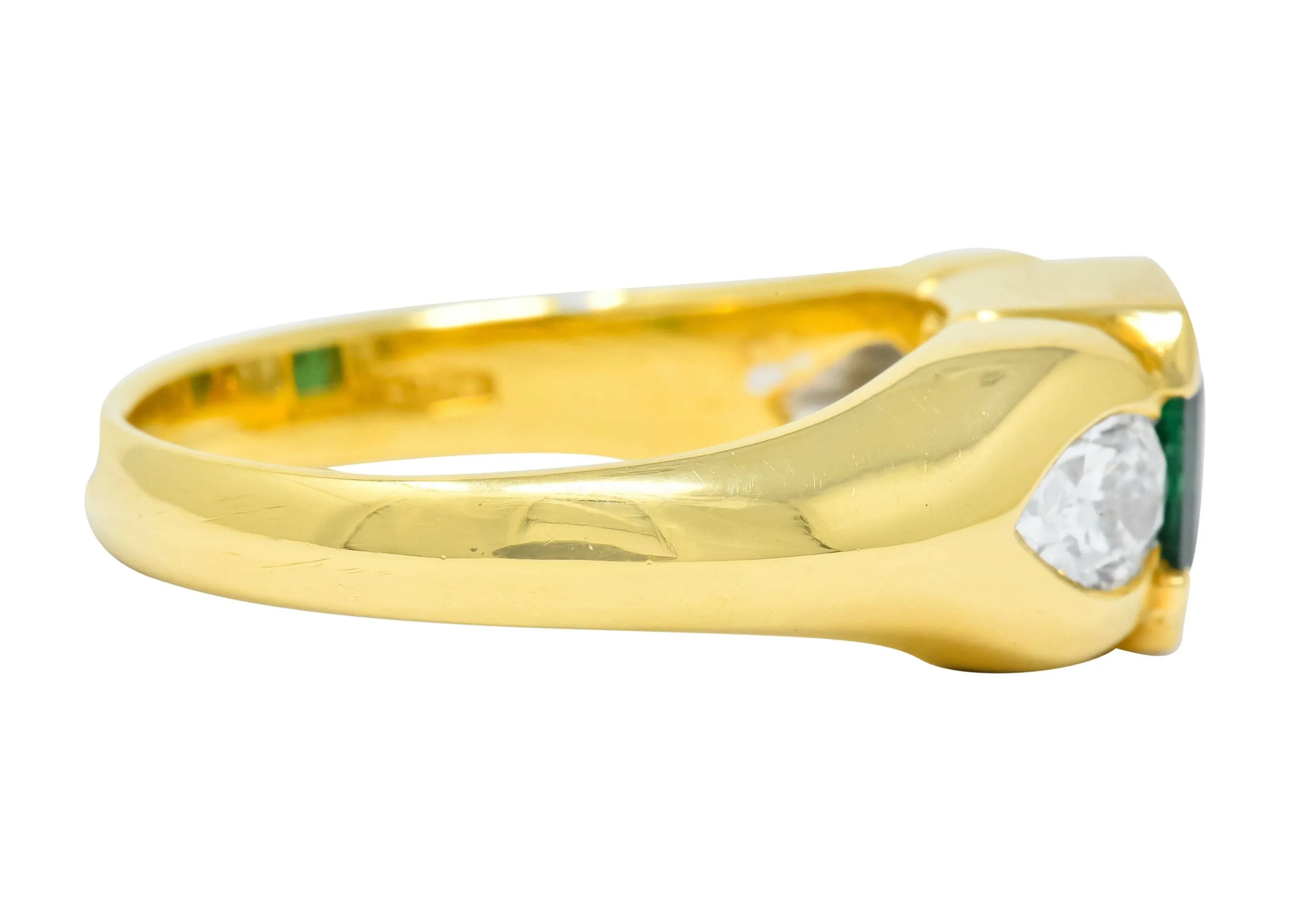 Vintage 1.90 CTW Emerald Diamond 18 Karat Gold Three Stone Ring