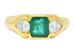 Vintage 1.90 CTW Emerald Diamond 18 Karat Gold Three Stone Ring