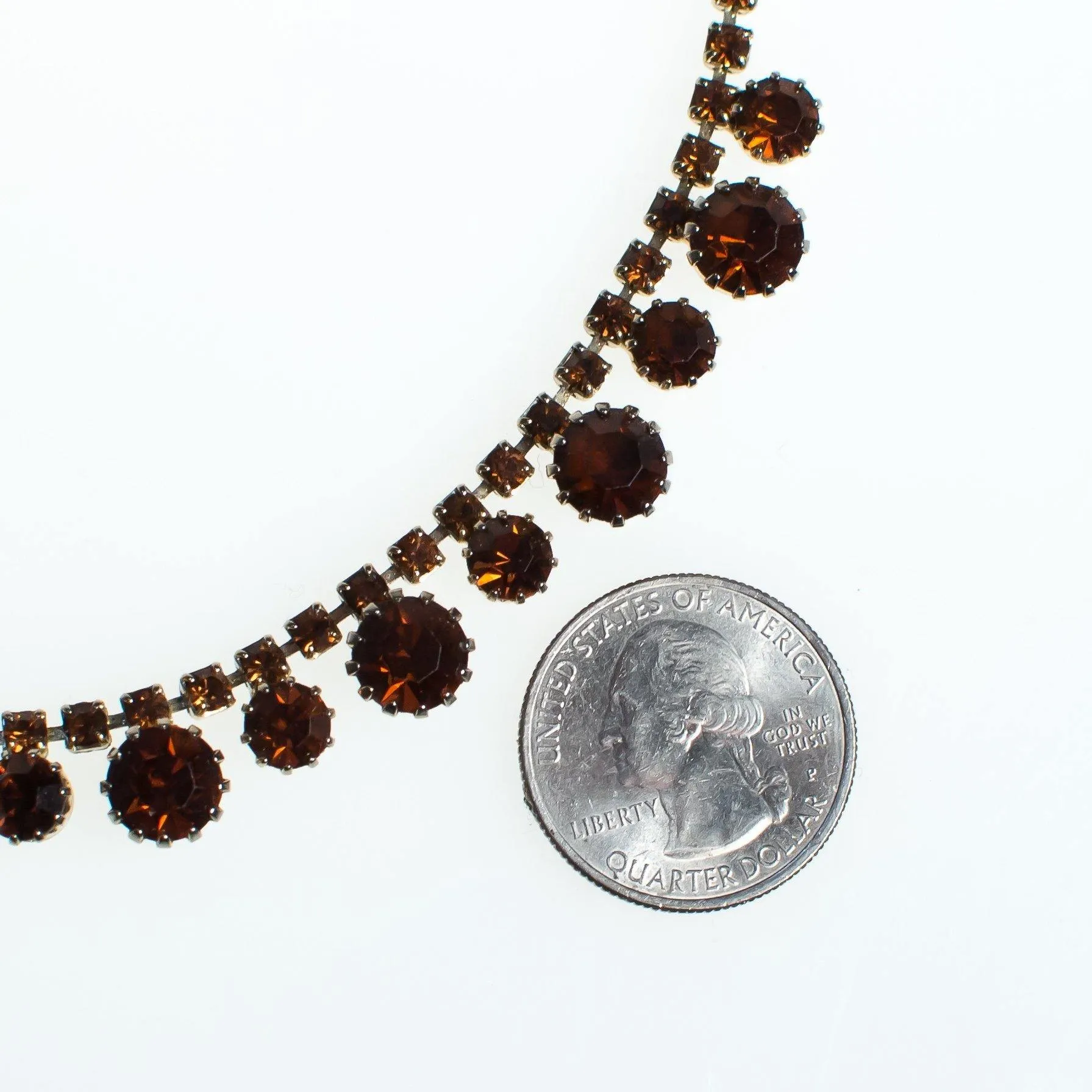Vintage Amber Topaz Brown Rhinestone Necklace, Gold Tone, Fish Hook Clasp