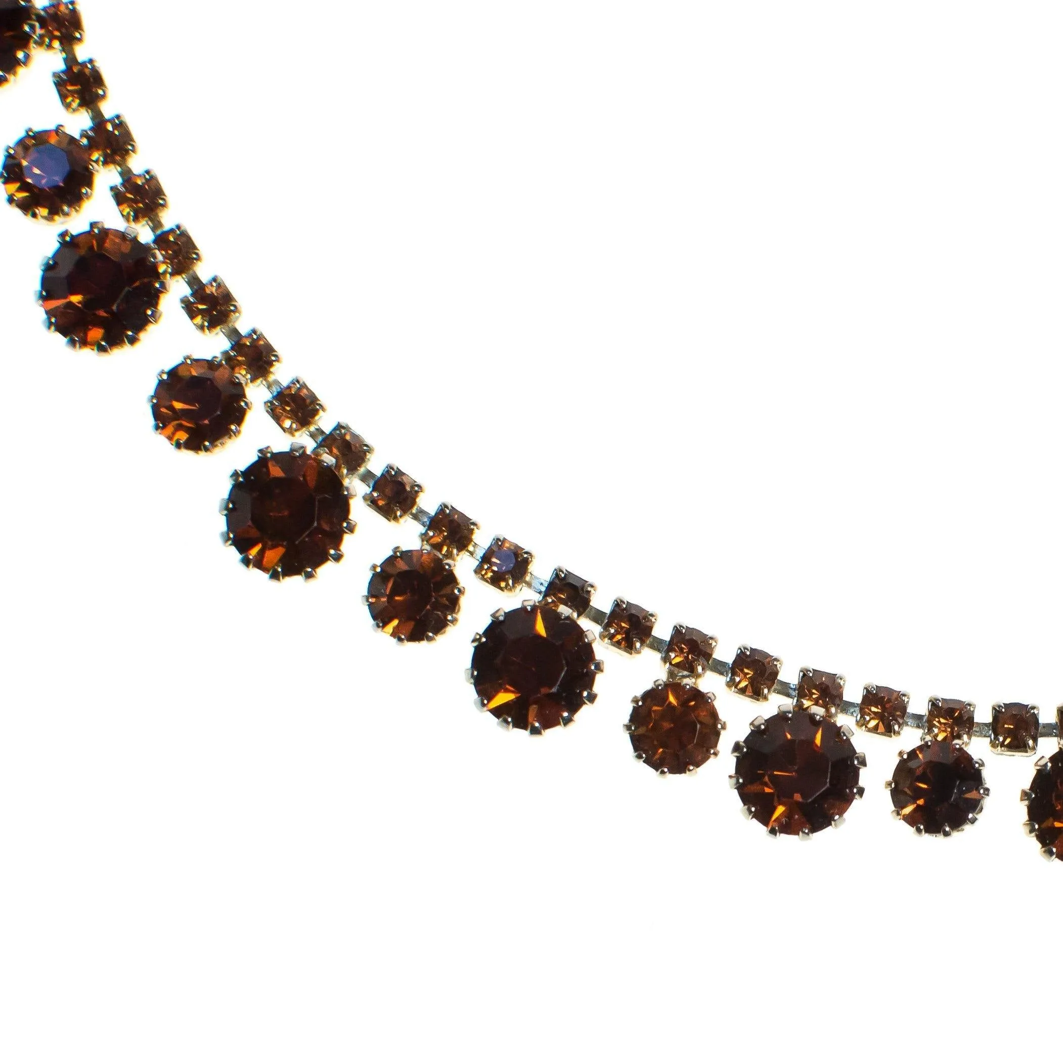 Vintage Amber Topaz Brown Rhinestone Necklace, Gold Tone, Fish Hook Clasp