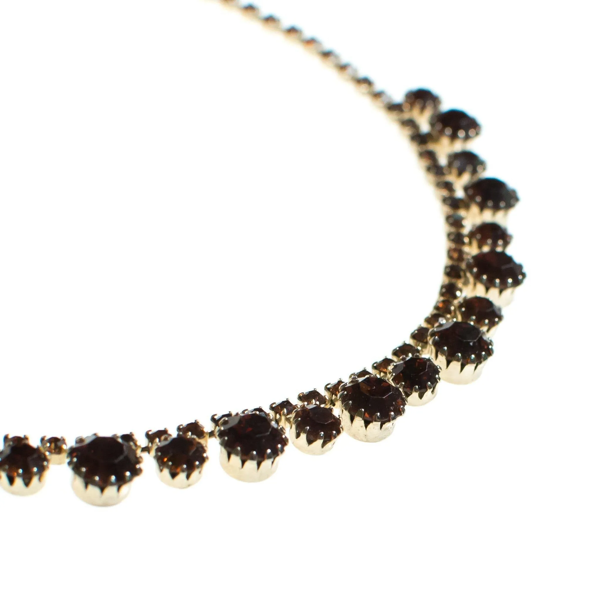 Vintage Amber Topaz Brown Rhinestone Necklace, Gold Tone, Fish Hook Clasp
