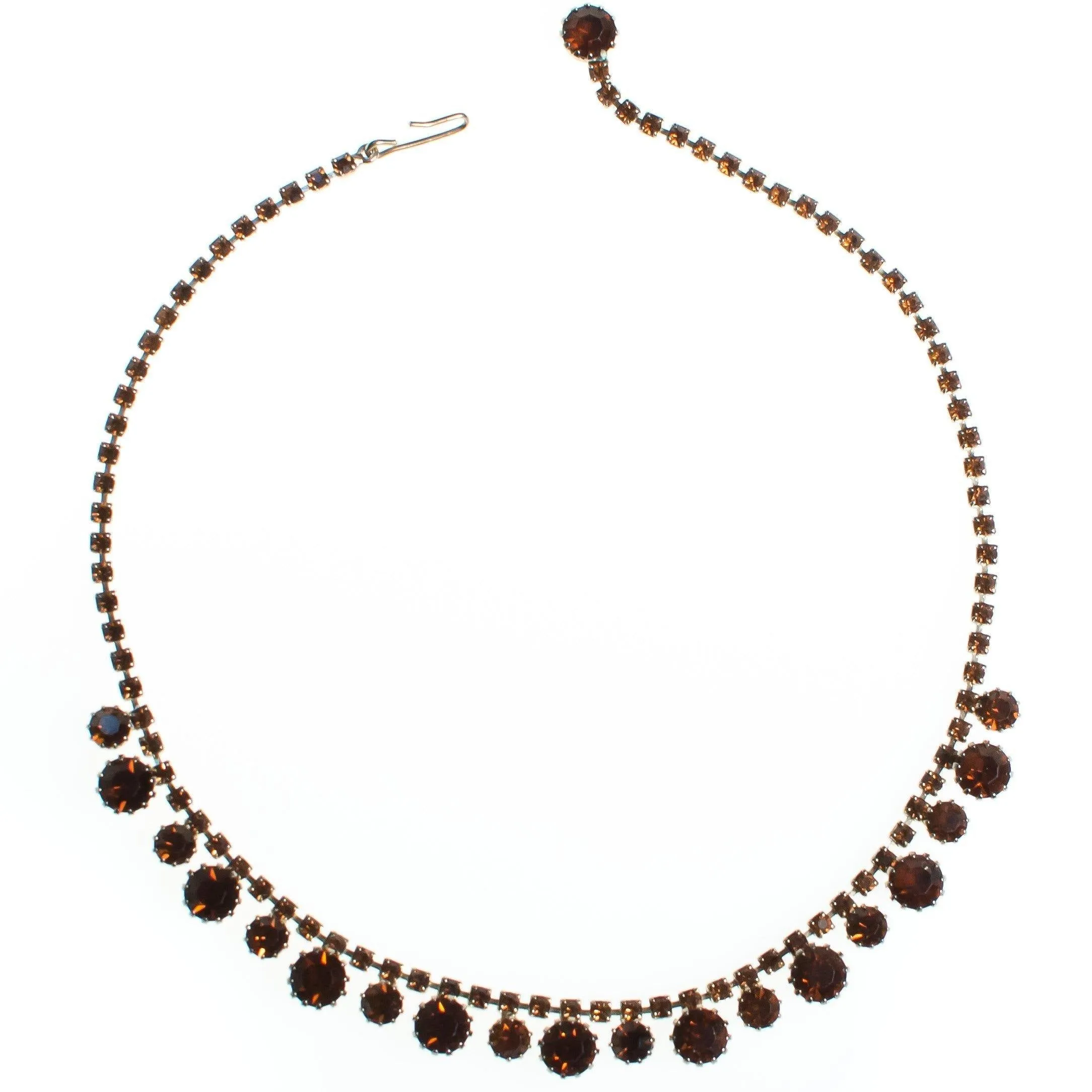 Vintage Amber Topaz Brown Rhinestone Necklace, Gold Tone, Fish Hook Clasp