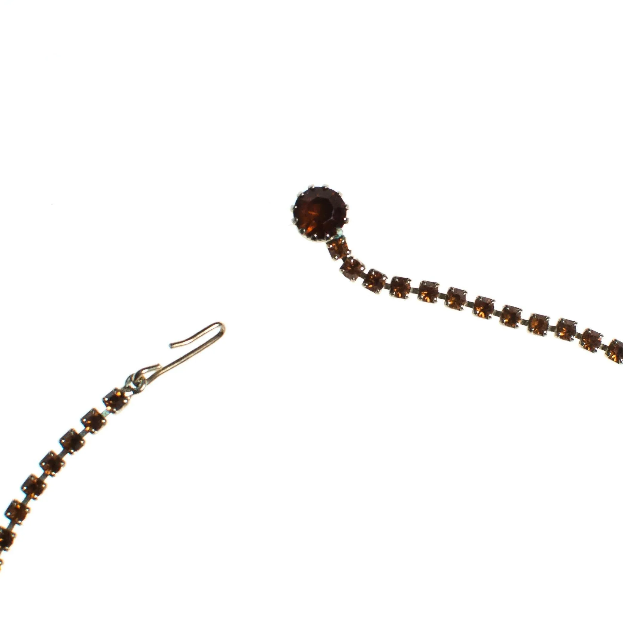 Vintage Amber Topaz Brown Rhinestone Necklace, Gold Tone, Fish Hook Clasp
