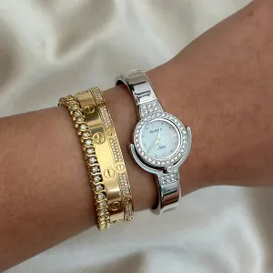 VINTAGE ARMITRON MOTHER-OF-PEARL & DIAMOND SILVER WATCH