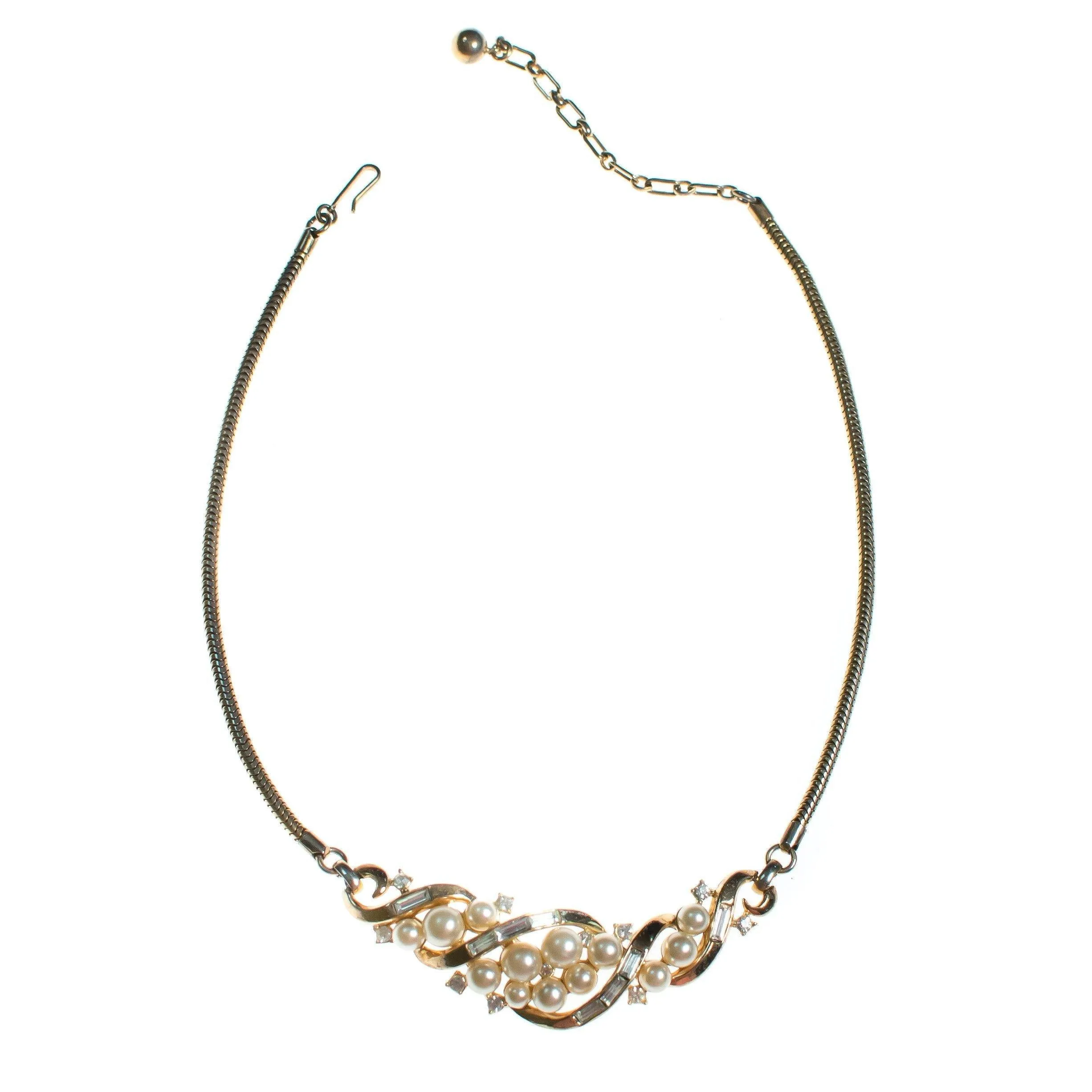 Vintage Crown Trifari Gold Necklace with Pearls and Rhinestones
