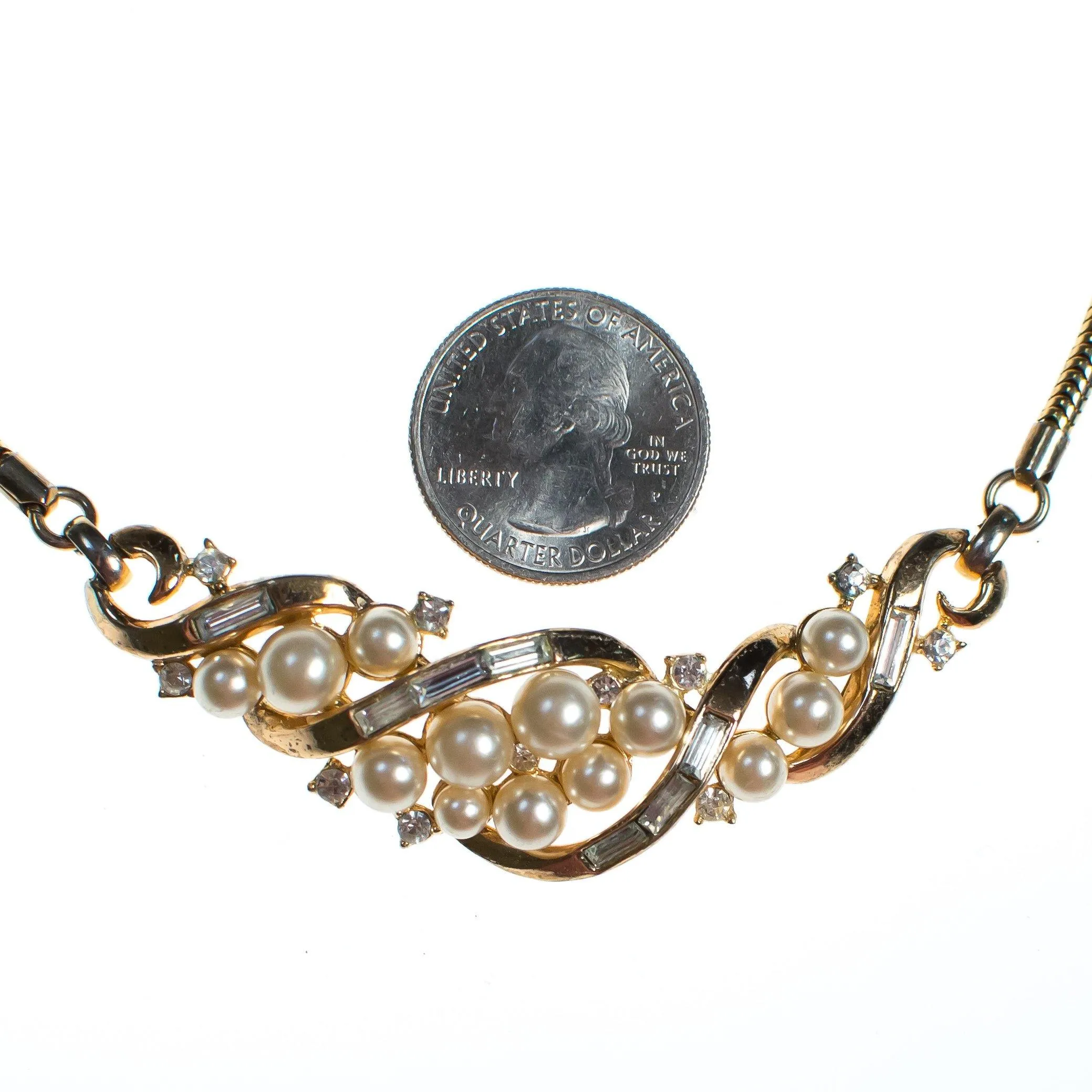 Vintage Crown Trifari Gold Necklace with Pearls and Rhinestones