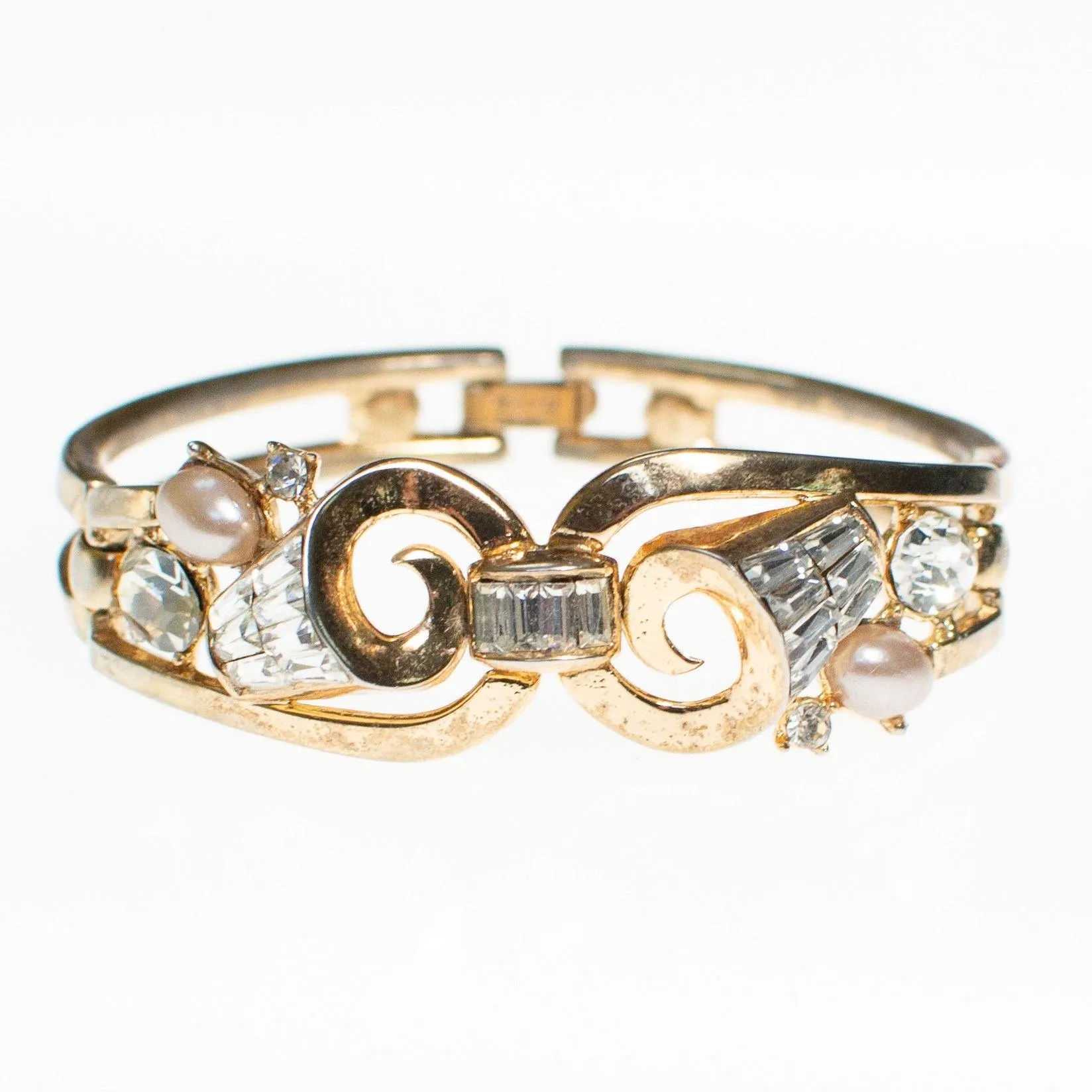 Vintage Crown Trifari Pearl and Diamante Rhinestone Articulated Hinged Bangle Bracelet
