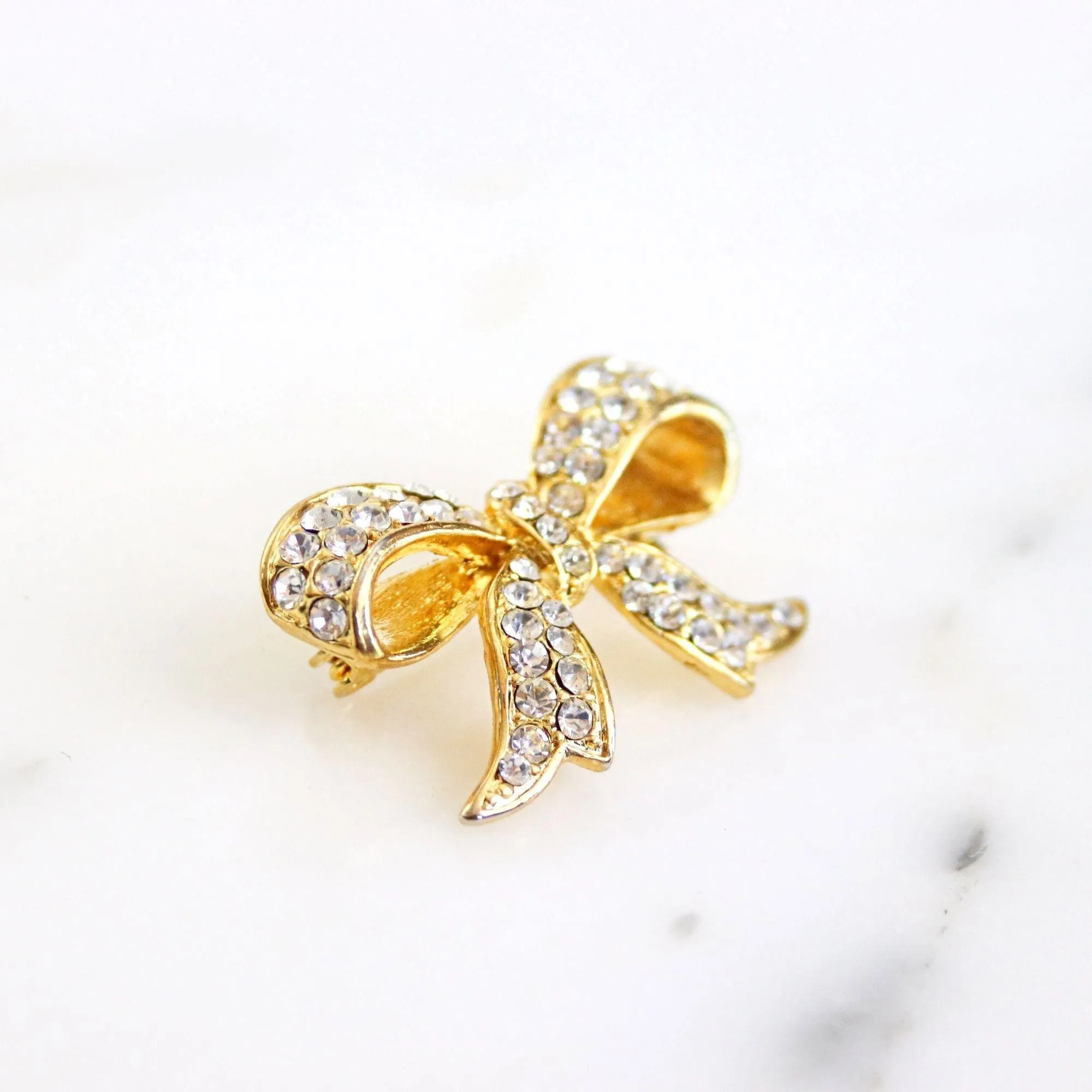 Vintage Gold Rhinestone Bow Brooch