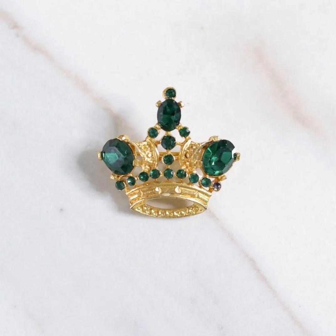 Vintage Green Rhinestone Gold Crown Brooch