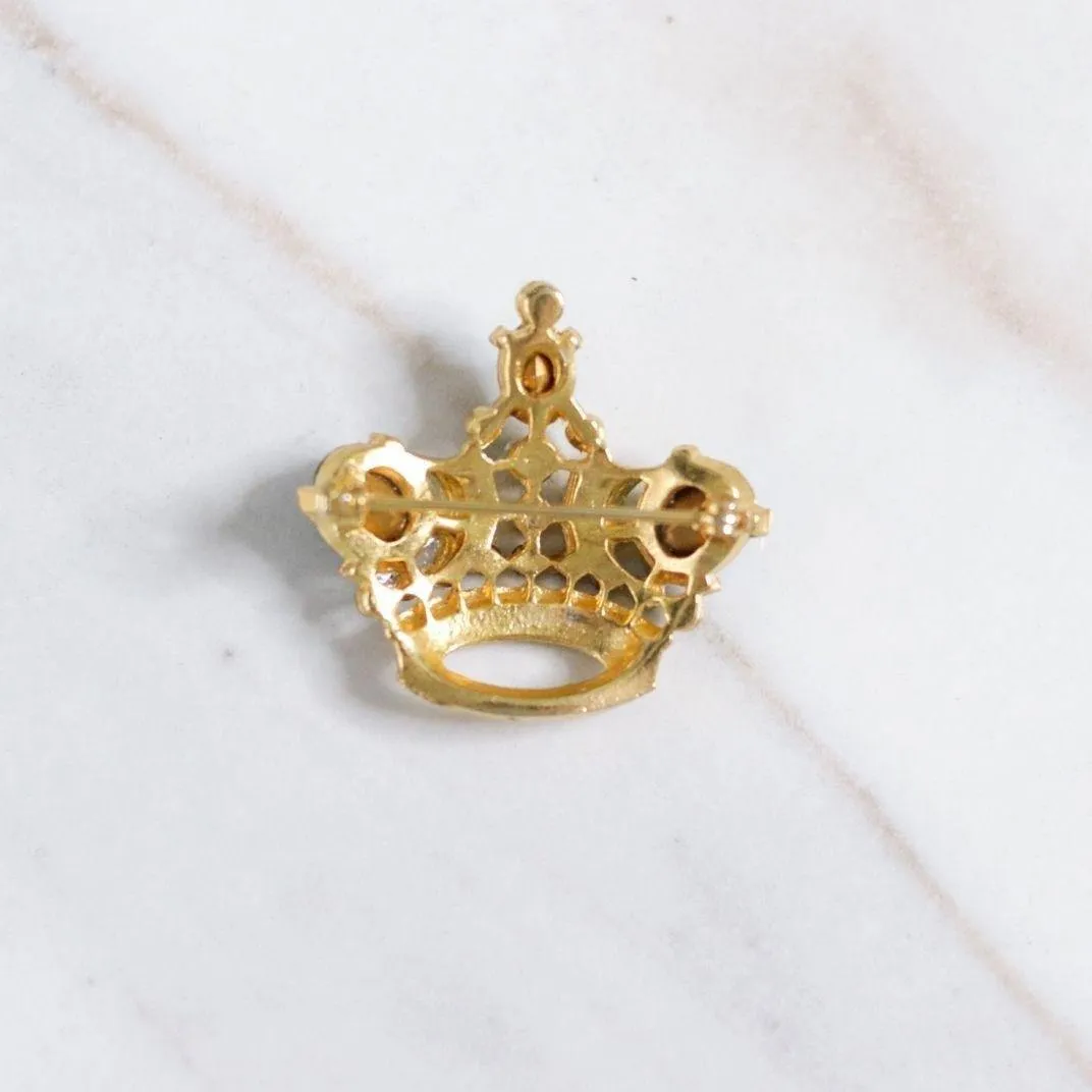 Vintage Green Rhinestone Gold Crown Brooch