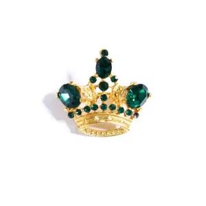Vintage Green Rhinestone Gold Crown Brooch