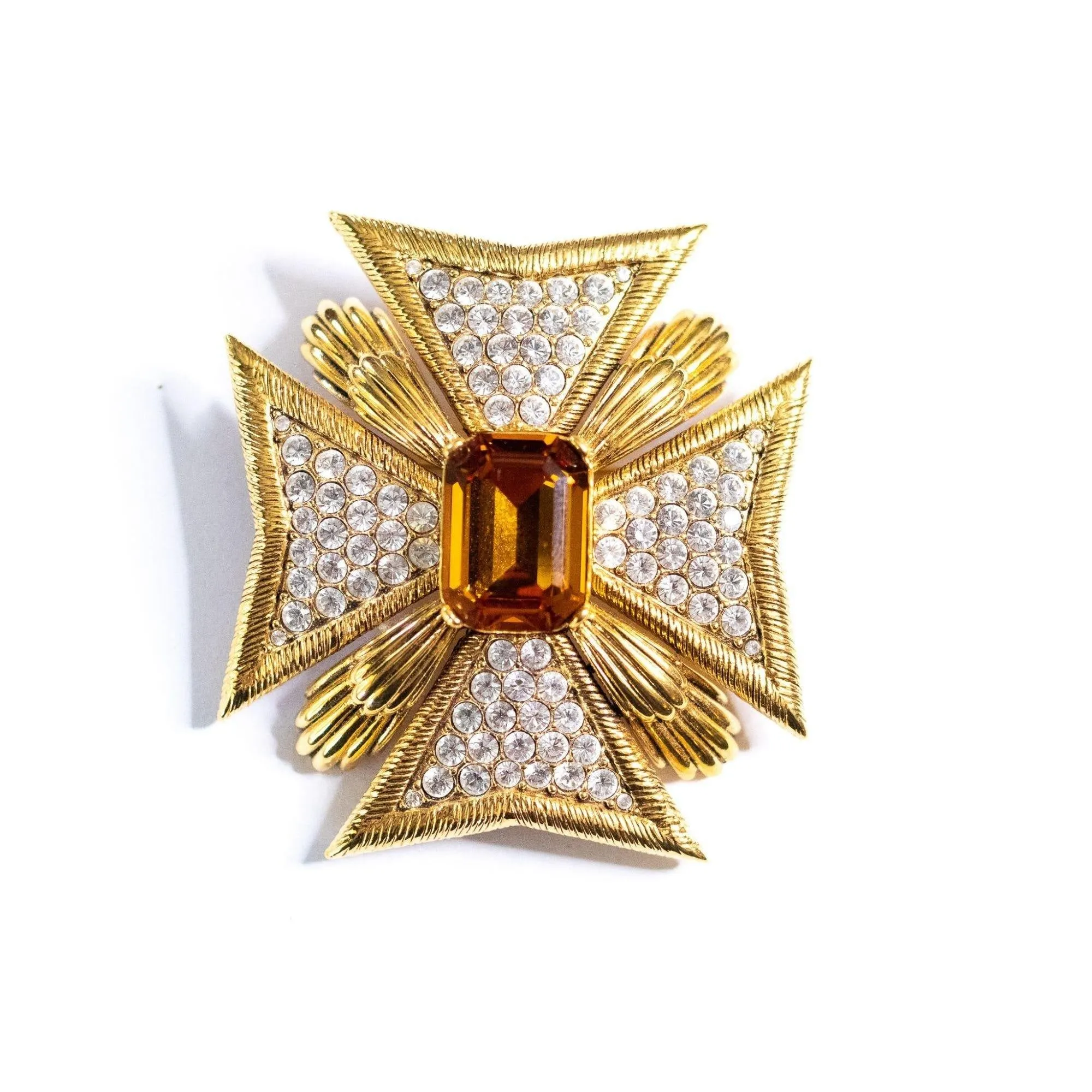 Vintage Joan Rivers Large Maltese Cross Brooch with Citrine Center and Diamante Rhinestones