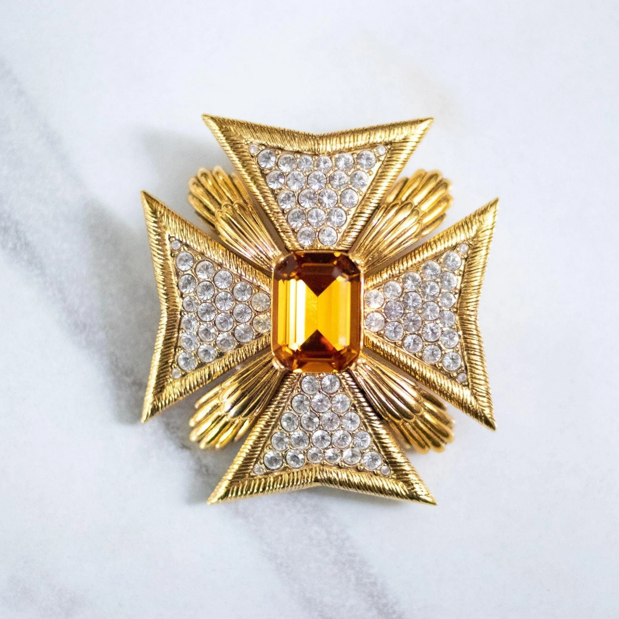 Vintage Joan Rivers Large Maltese Cross Brooch with Citrine Center and Diamante Rhinestones