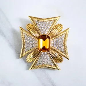 Vintage Joan Rivers Large Maltese Cross Brooch with Citrine Center and Diamante Rhinestones