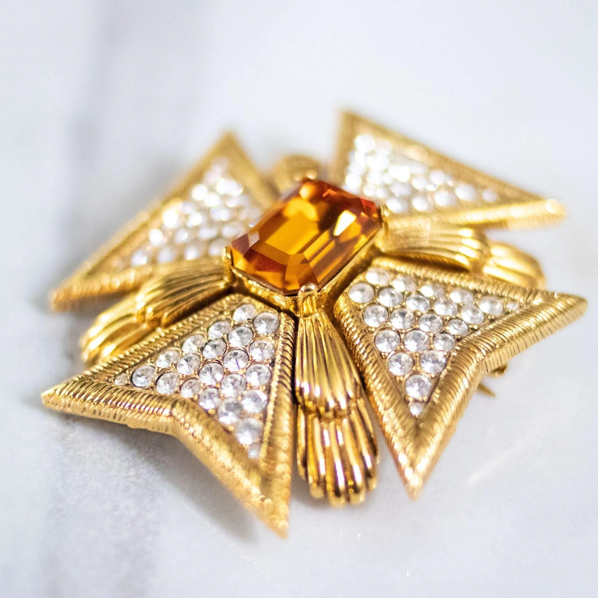 Vintage Joan Rivers Large Maltese Cross Brooch with Citrine Center and Diamante Rhinestones
